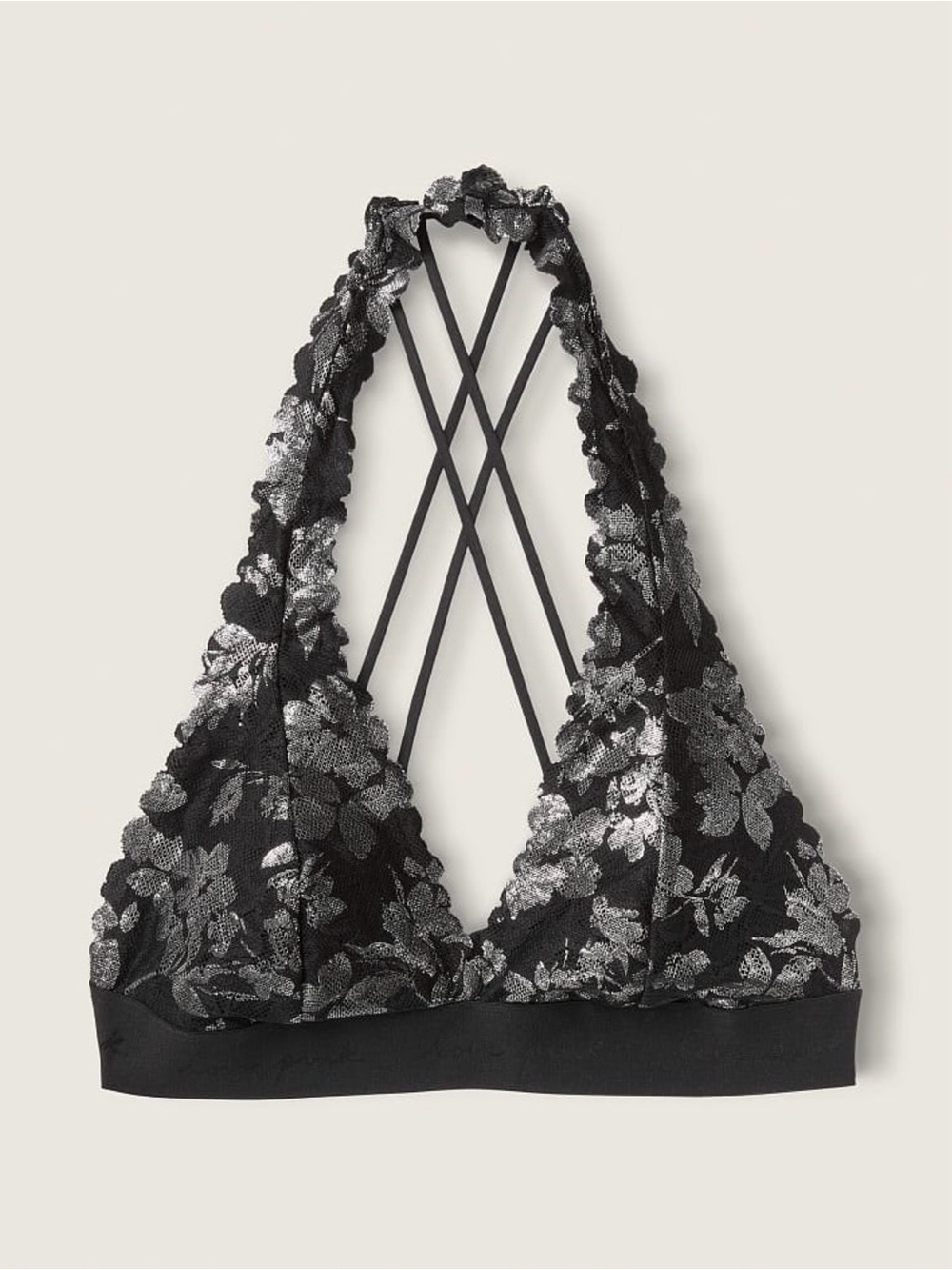 PINK Victoria’s Secret Floral Lace Bralette Large Black Silver Strappy NWT